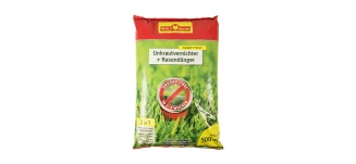 SEO-optimierter Alt-Text für das Bild des Wolf-Garten-Rasendüngers: Ein dichter, sattgrüner Rasen mit einem Sack Rasendünger und Streuwagen